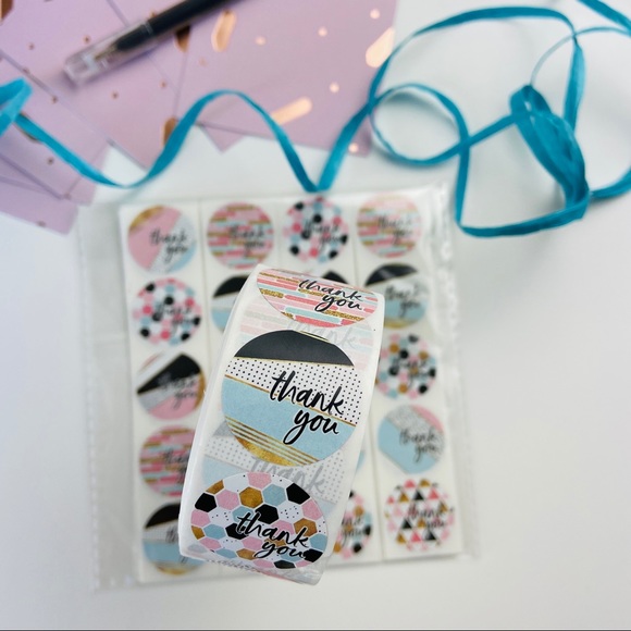 500 Thank You Stickers. Pink Black Gold Mixed Pattern. Envelope Seals 1 Roll. - Picture 3 of 9